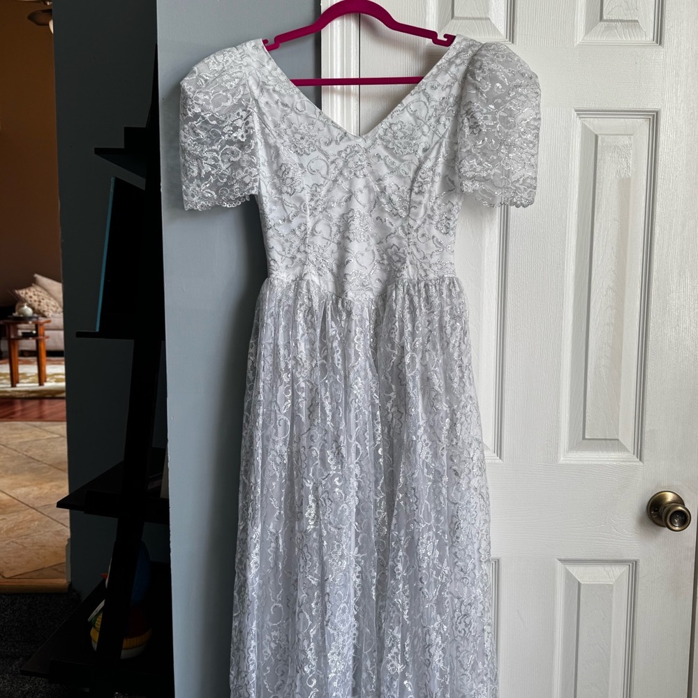 White and Silver Lace Princess Dress